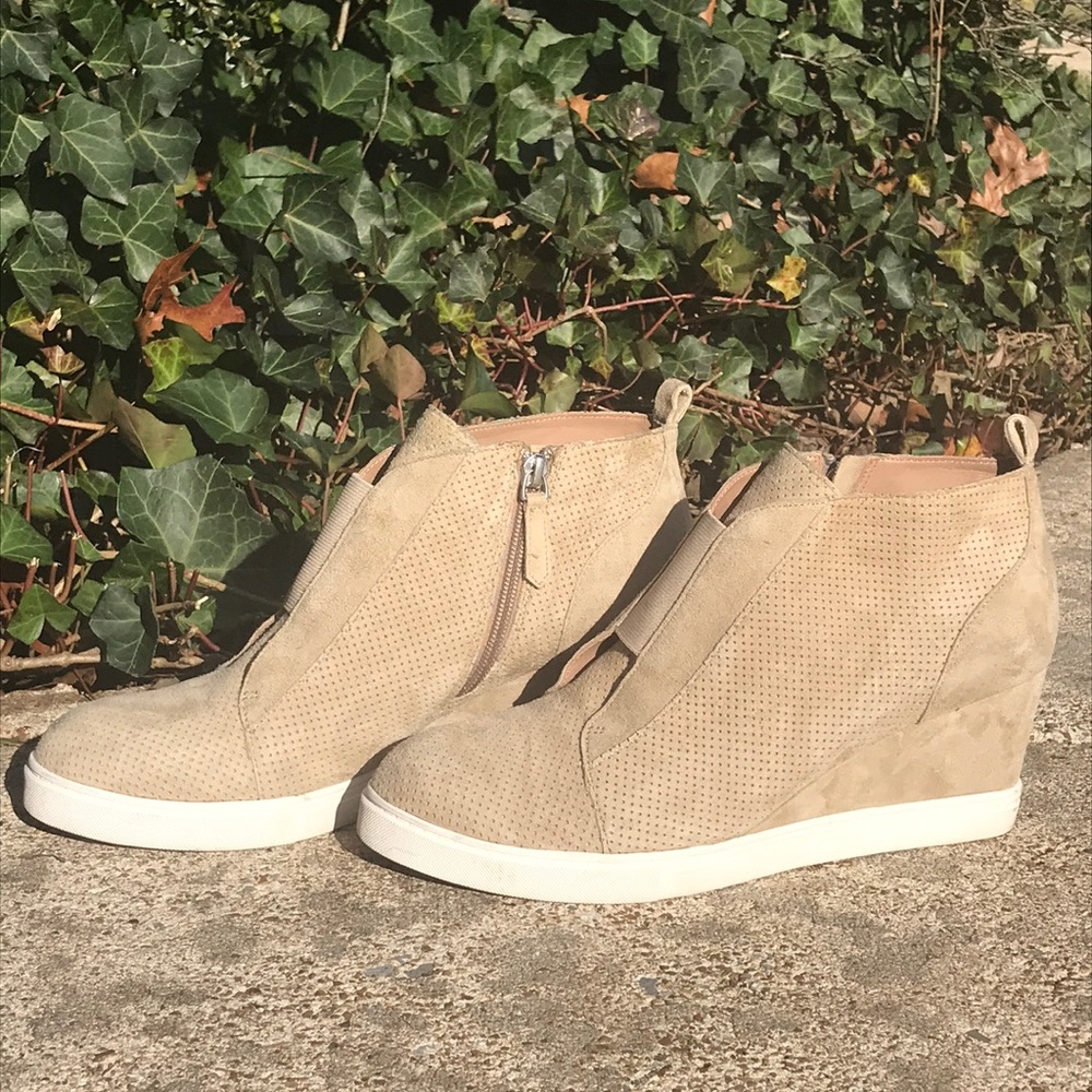 Cream Lasercut Suede Linea Paolo Felicia Wedge Sneaker Booties